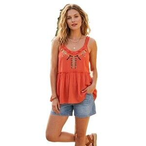 TRUE DESTINY JR Top L Orange Embroidered Gauze Pullover Sleeveless Festival Boho